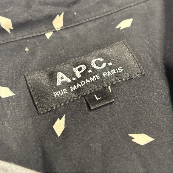 A.P.C. Rue Madame Paris Mens Black Poplin Printed Long Sleeve Button Shirt Large - Picture 4 of 8